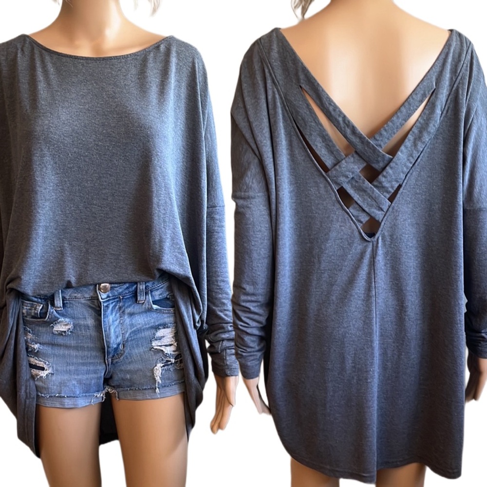 Love Riche Gray Long Sleeve Top with Crisscross Back